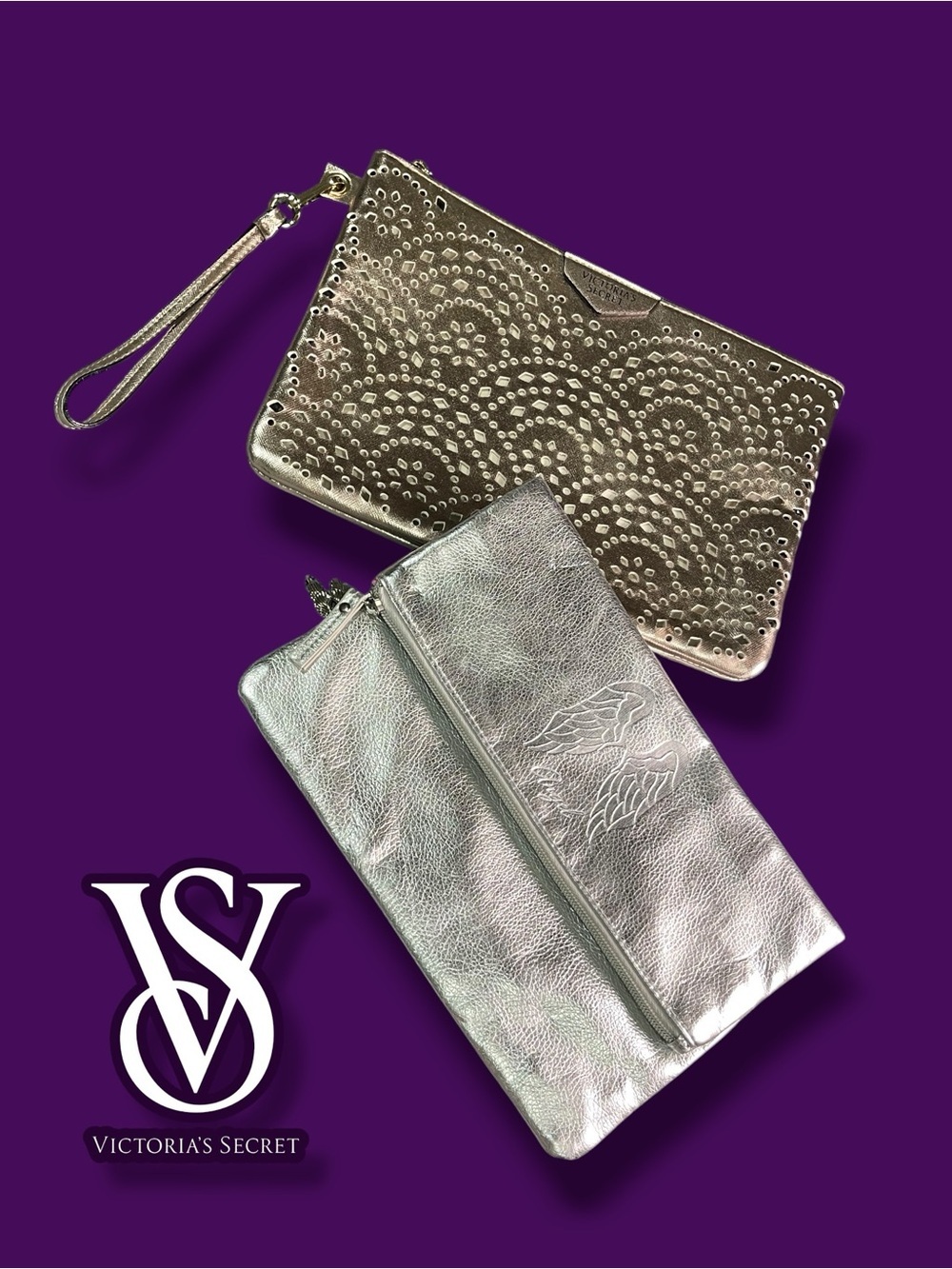 Victoria's Secret Metallic Set: Gold Wristlet and Silver Angel Clutch Bundle